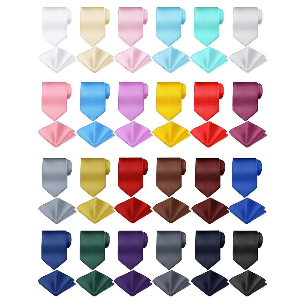 48 Pcs Men Solid Color Ties and Pocket Square Set Satin Necktie Business